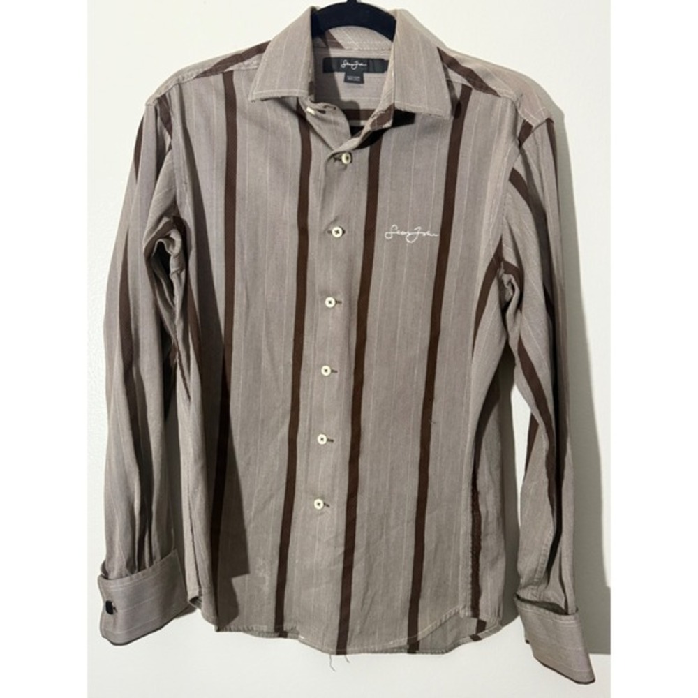Sean‎ John Striped Button Down Shirt Herringbone Pattern Casual Top Small